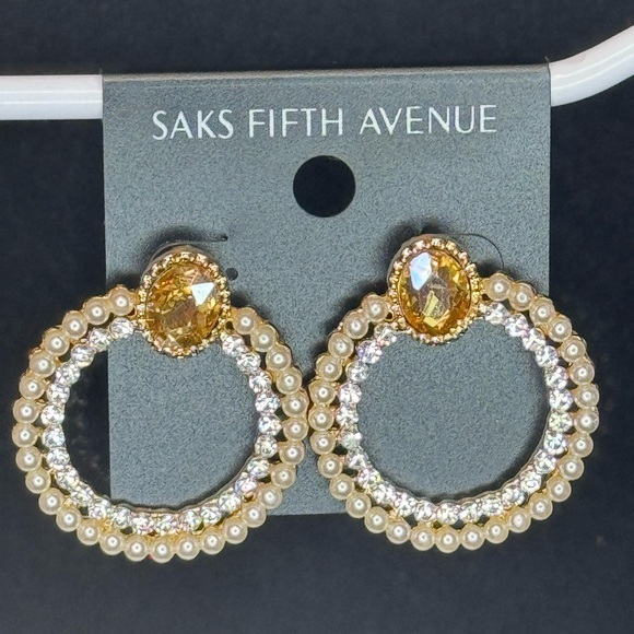 Saks Fifth Ave Champagne Crystal Post With Faux Pearl & Crystal Hoop Earrings - Picture 5 of 8
